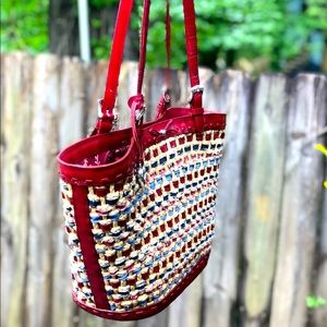 Brighton Tote Bag. Woven Red, White & Blue. Red Hearts. Silver accents.